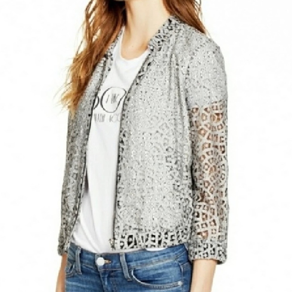 Rebecca Minkoff Royce Lace Bomber Jacket M Full Zip crochet lace layered